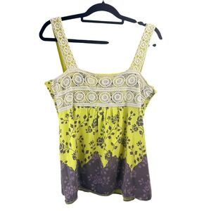 R&B Womens Lime Green Floral Cotton Boho Crochet Lace Smocked Tank Top Size M